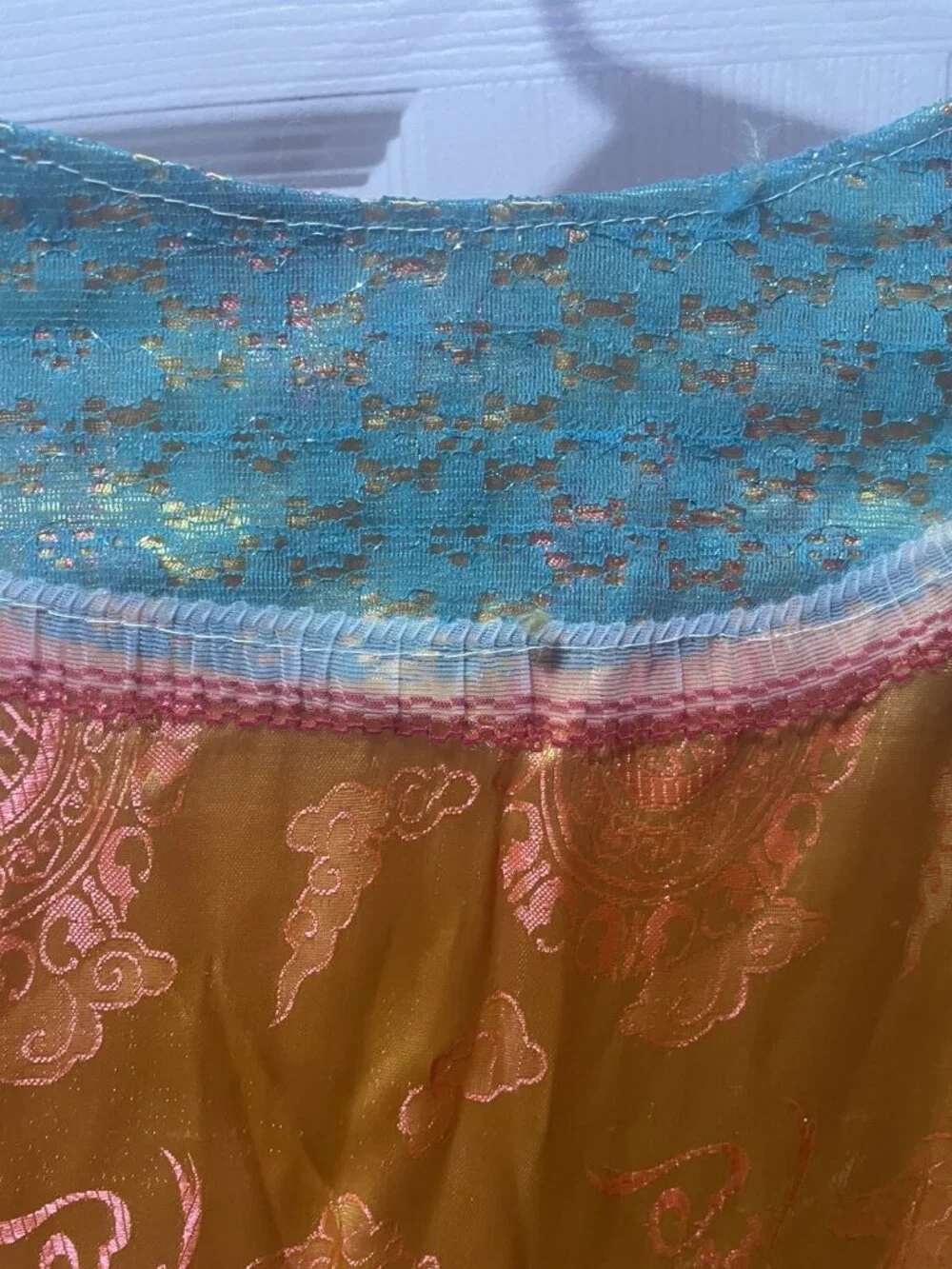 Kimono Coat Intricate Asian Robe Jacket Vintage Gold/Teal/ Orange Silk Lace